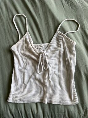 Ribbed Tie-Front Cami Tank Top - Cream